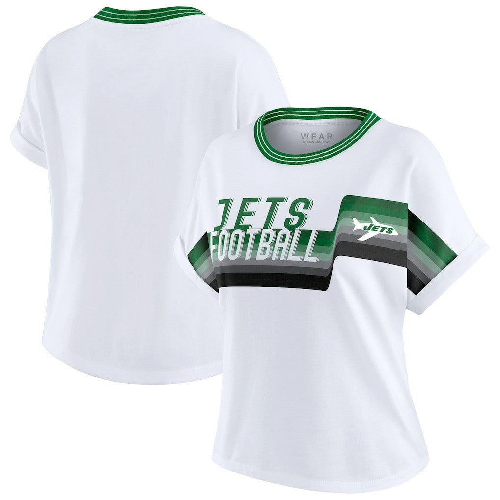New York Jets WEAR by Erin Andrews Women's Cropped Center Stripe Dolman T-Shirt White | NFL