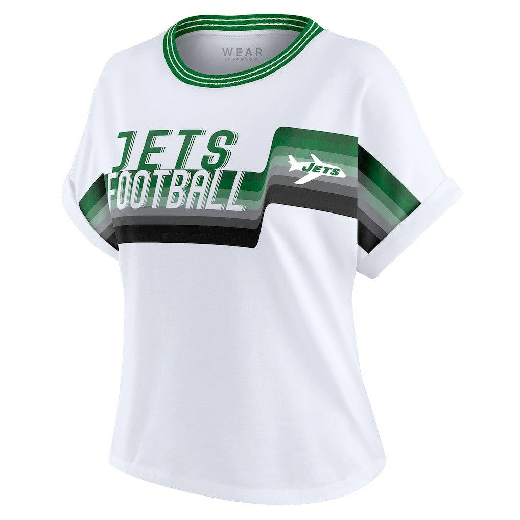 New York Jets WEAR by Erin Andrews Women's Cropped Center Stripe Dolman T-Shirt White | NFL