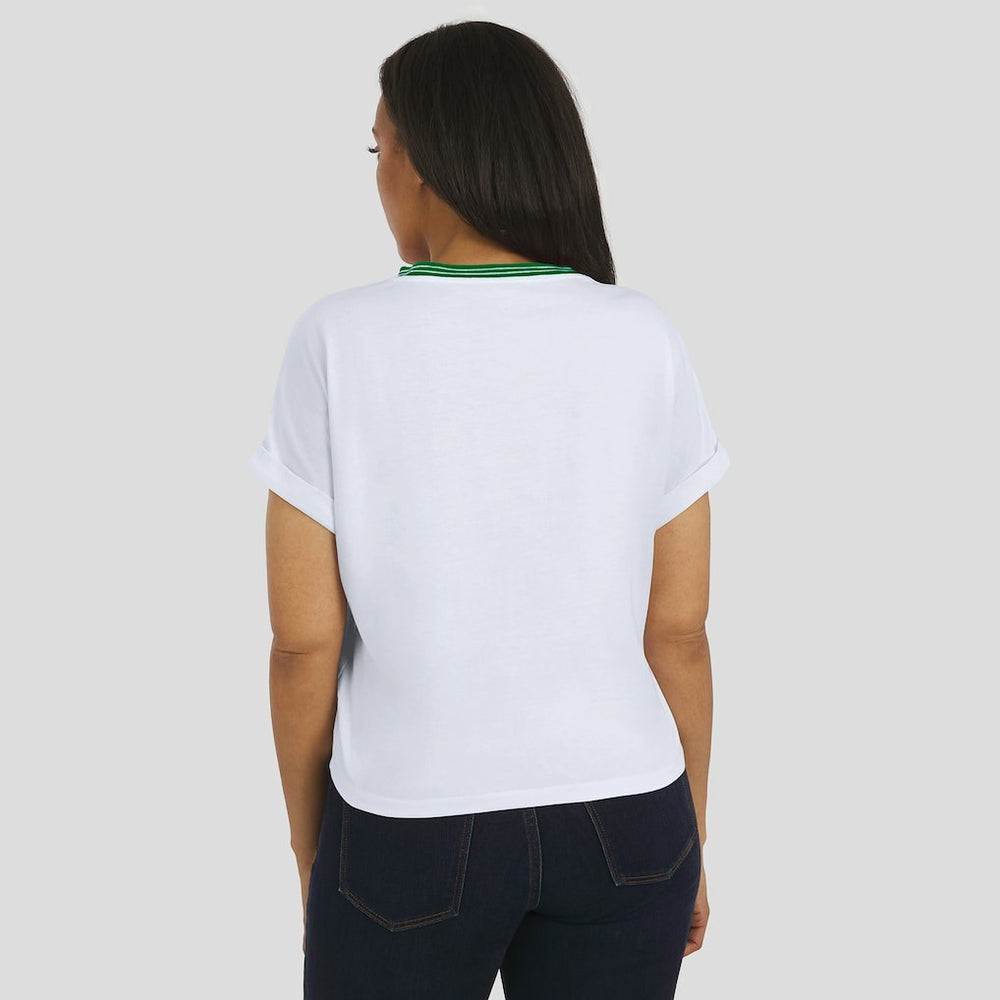 New York Jets WEAR by Erin Andrews Women's Cropped Center Stripe Dolman T-Shirt White | NFL