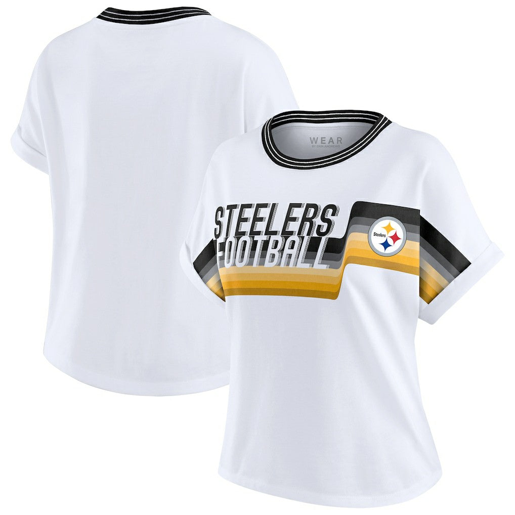 Pittsburgh Steelers WEAR by Erin Andrews Women's Cropped Center Stripe Dolman T-Shirt White | NFL