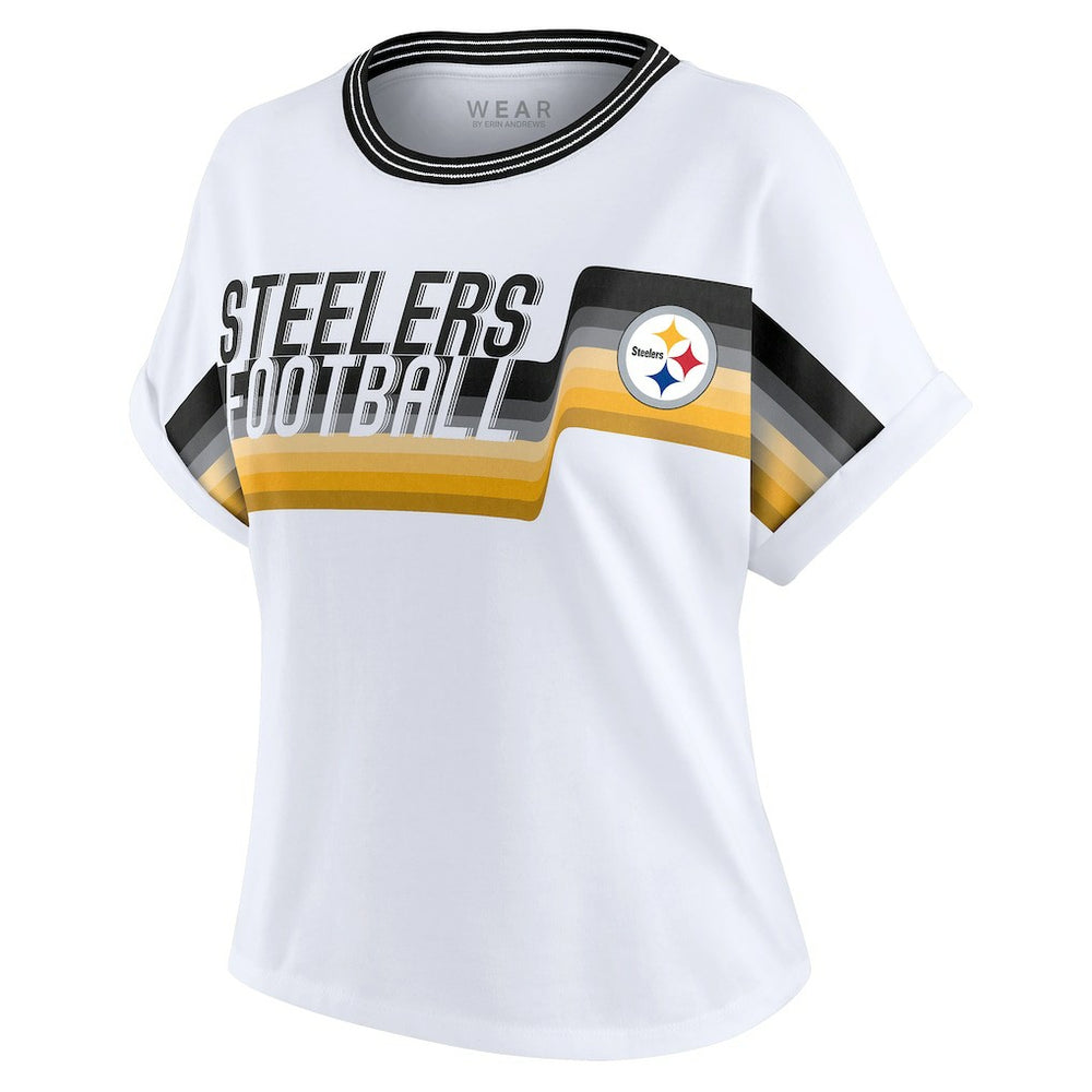 Pittsburgh Steelers WEAR by Erin Andrews Women's Cropped Center Stripe Dolman T-Shirt White | NFL