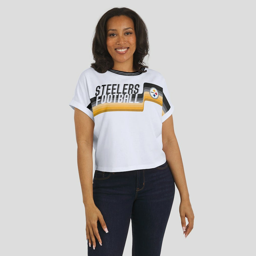 Pittsburgh Steelers WEAR by Erin Andrews Women's Cropped Center Stripe Dolman T-Shirt White | NFL