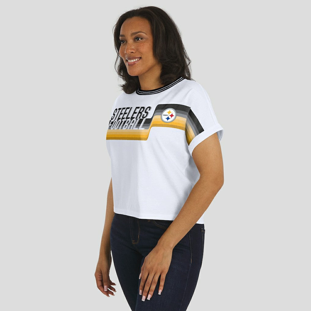 Pittsburgh Steelers WEAR by Erin Andrews Women's Cropped Center Stripe Dolman T-Shirt White | NFL