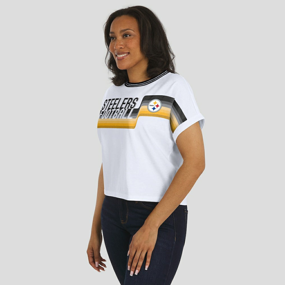 Pittsburgh Steelers WEAR by Erin Andrews Women's Cropped Center Stripe Dolman T-Shirt White | NFL