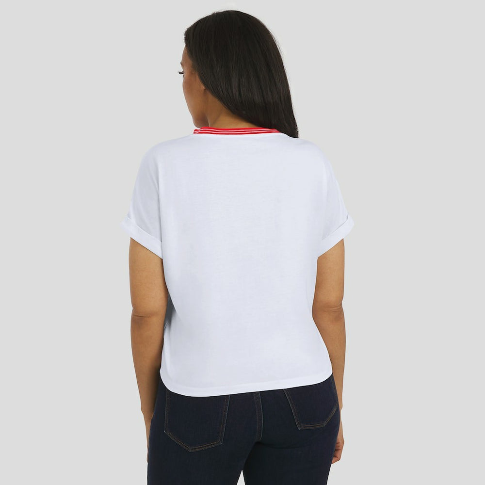 San Francisco 49ers WEAR by Erin Andrews Women's Cropped Center Stripe Dolman T-Shirt White | NFL