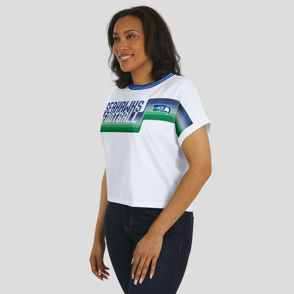 Seattle Seahawks WEAR by Erin Andrews Women's Cropped Center Stripe Dolman T-Shirt White | NFL