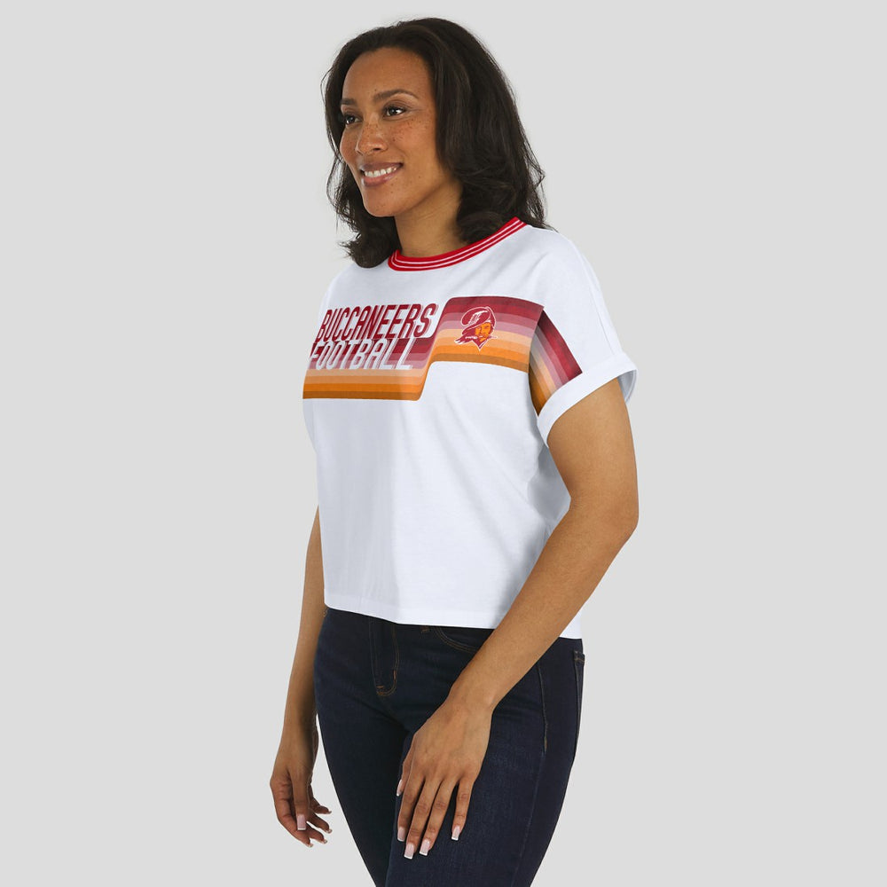 Tampa Bay Buccaneers WEAR by Erin Andrews Women's Cropped Center Stripe Dolman T-Shirt White | NFL