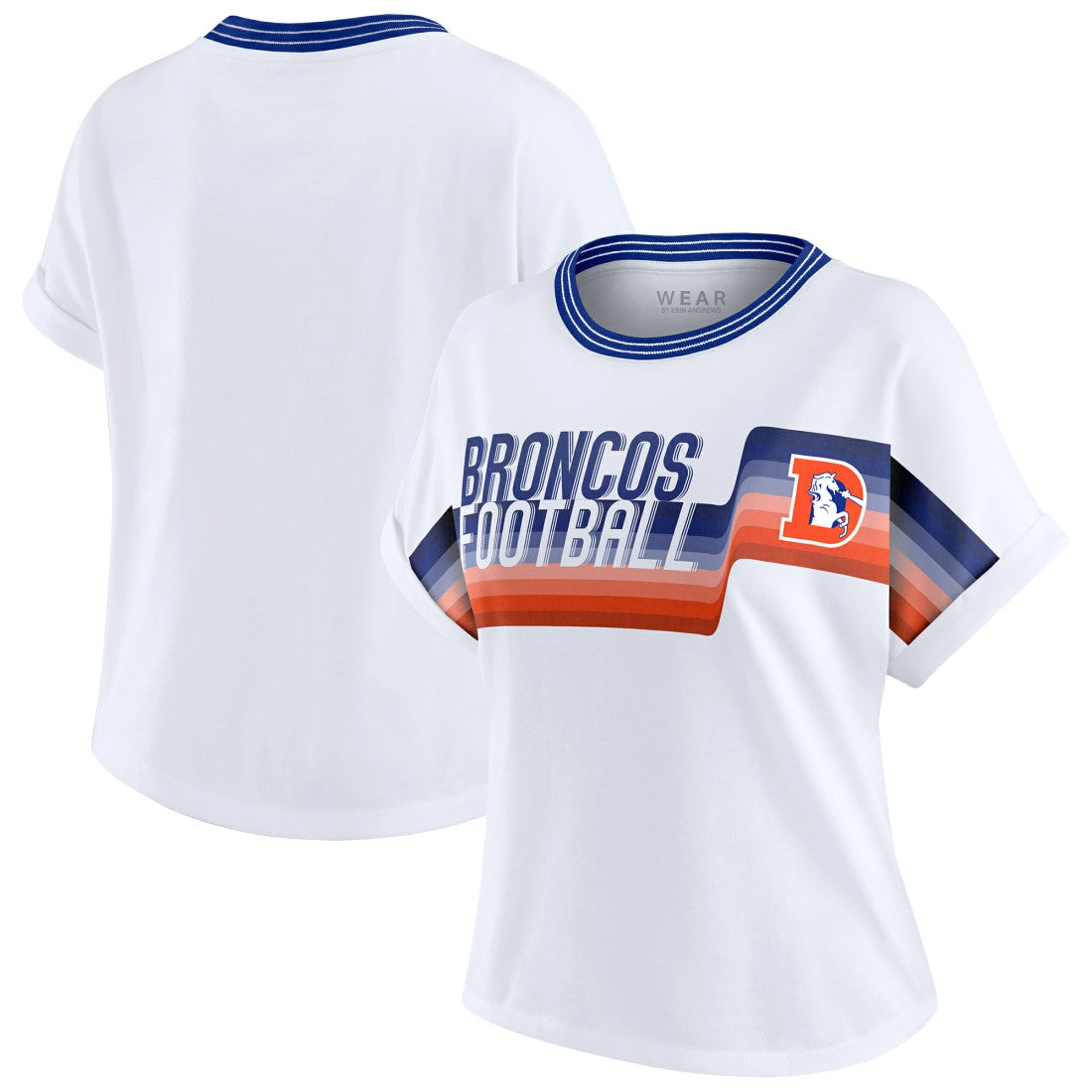 Denver Broncos WEAR by Erin Andrews Women's Cropped Center Stripe Dolman T-Shirt White | NFL