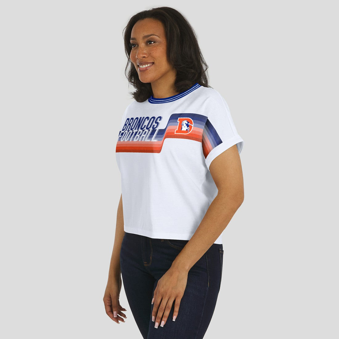 Denver Broncos WEAR by Erin Andrews Women's Cropped Center Stripe Dolman T-Shirt White | NFL