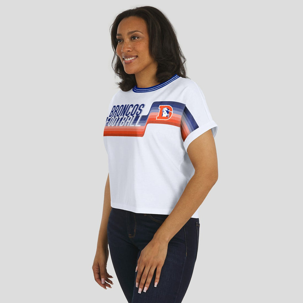 Denver Broncos WEAR by Erin Andrews Women's Cropped Center Stripe Dolman T-Shirt White | NFL