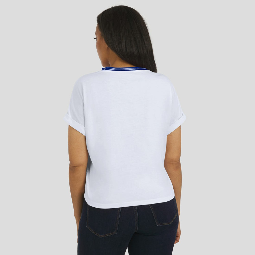 Denver Broncos WEAR by Erin Andrews Women's Cropped Center Stripe Dolman T-Shirt White | NFL