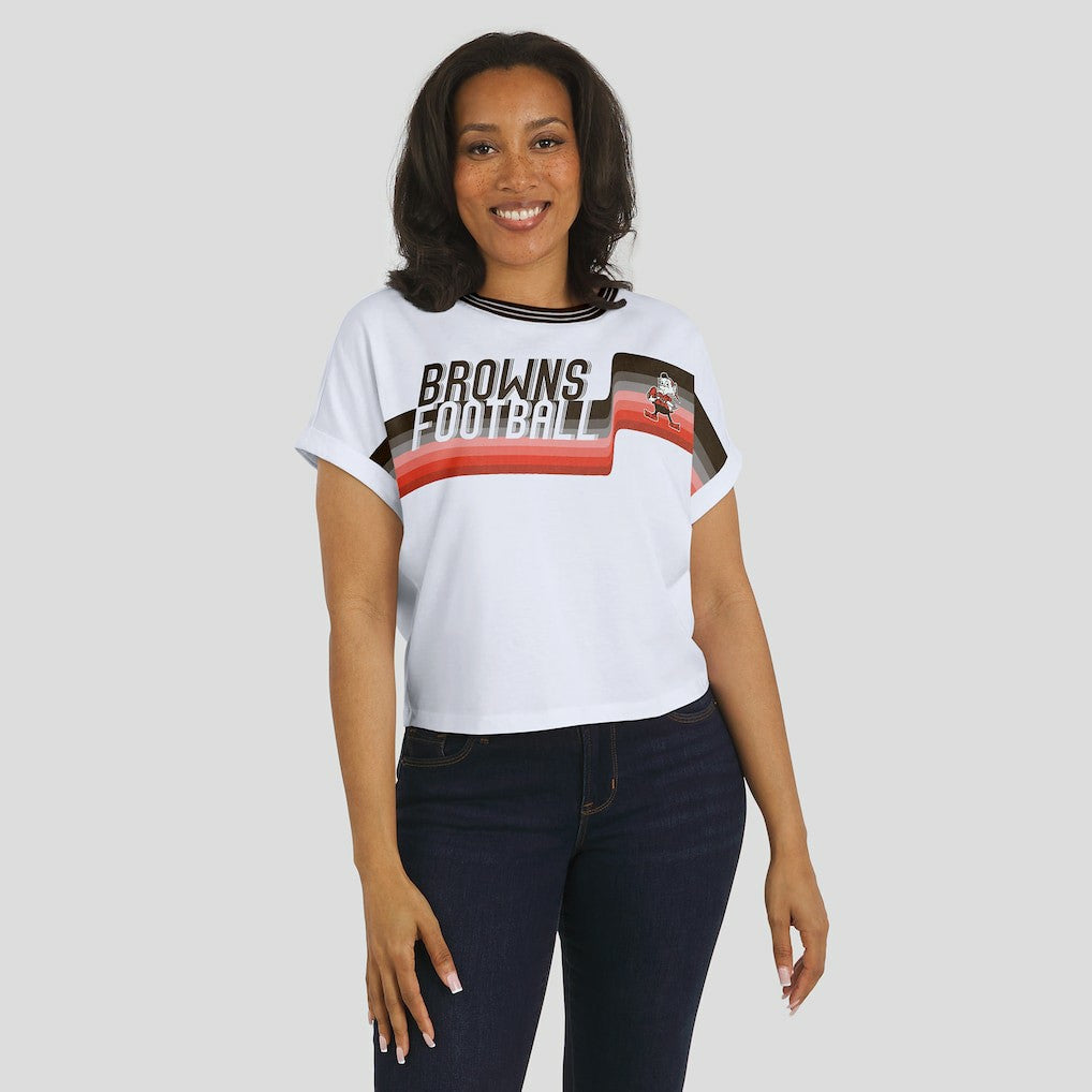 Cleveland Browns WEAR by Erin Andrews Women's Cropped Center Stripe Dolman T-Shirt White | NFL