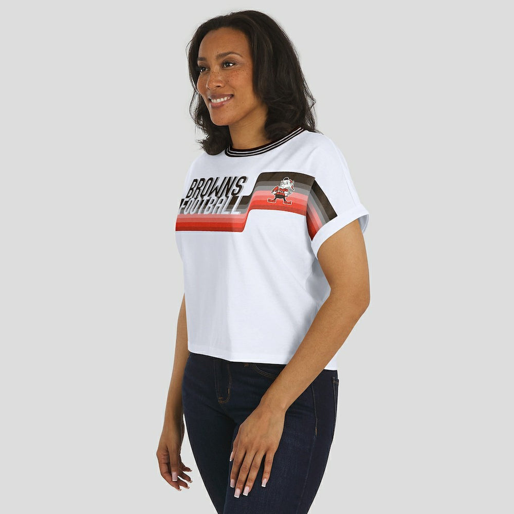 Cleveland Browns WEAR by Erin Andrews Women's Cropped Center Stripe Dolman T-Shirt White | NFL