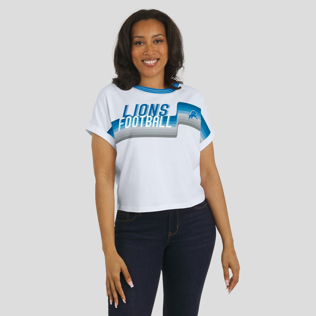 Detroit Lions WEAR by Erin Andrews Women's Cropped Center Stripe Dolman T-Shirt White | NFL