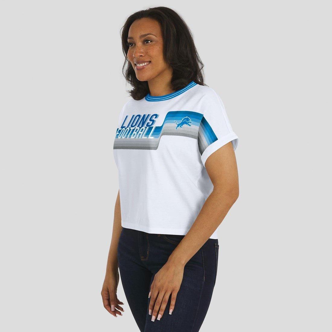 Detroit Lions WEAR by Erin Andrews Women's Cropped Center Stripe Dolman T-Shirt White | NFL