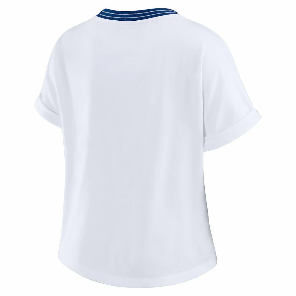 Indianapolis Colts WEAR by Erin Andrews Women's Cropped Center Stripe Dolman T-Shirt White | NFL