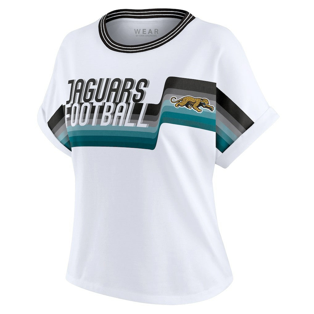 Jacksonville Jaguars WEAR by Erin Andrews Women's Cropped Center Stripe Dolman T-Shirt White | NFL