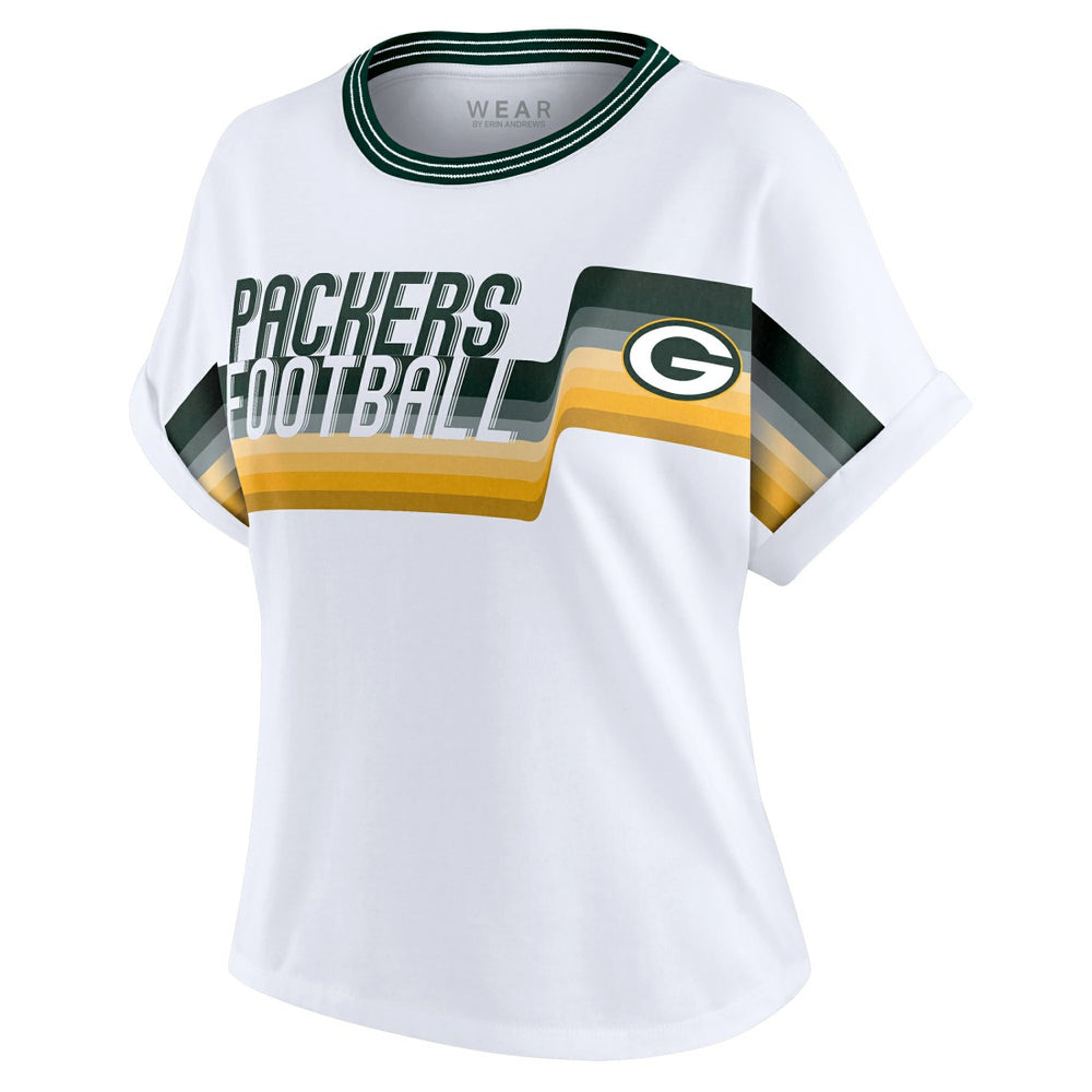 Green Bay Packers WEAR by Erin Andrews Women's Cropped Center Stripe Dolman T-Shirt White | NFL