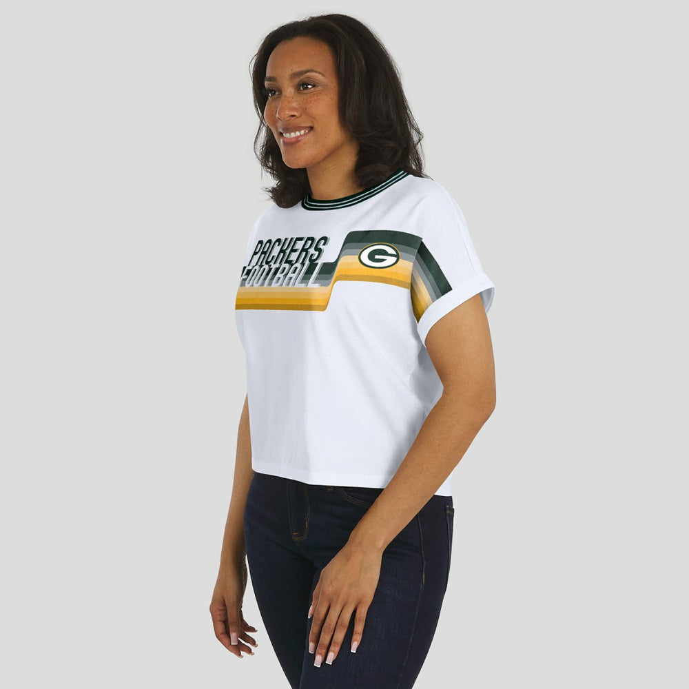 Green Bay Packers WEAR by Erin Andrews Women's Cropped Center Stripe Dolman T-Shirt White | NFL