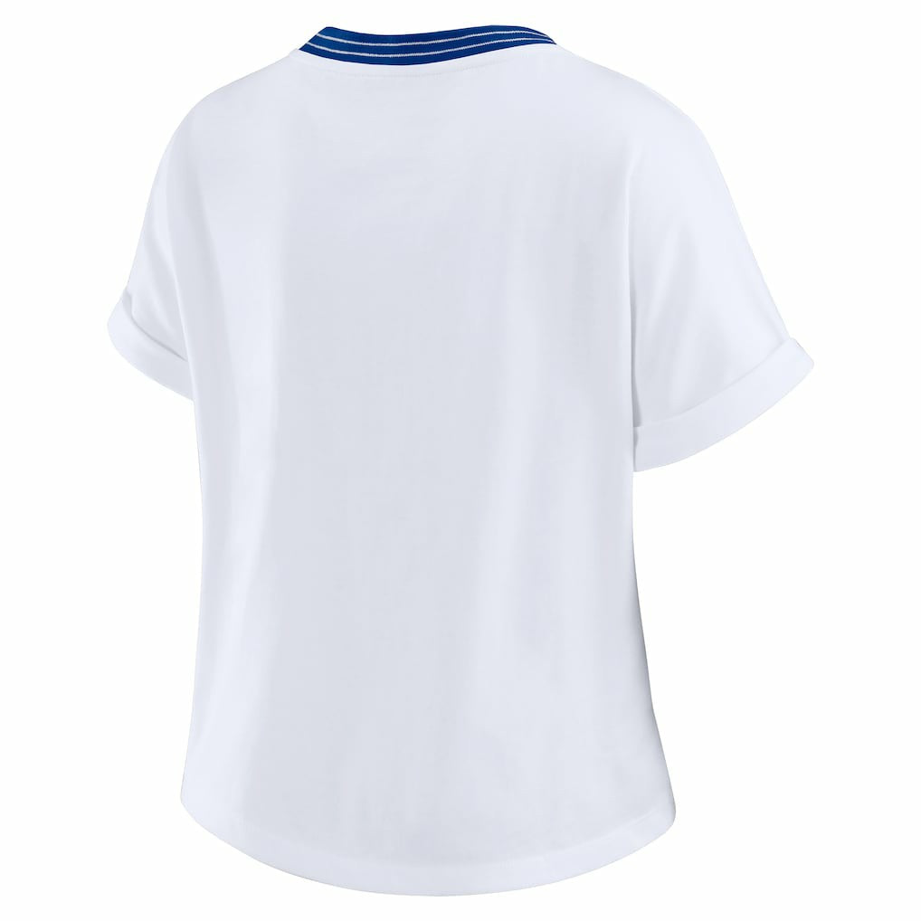 Buffalo Bills WEAR by Erin Andrews Women's Cropped Center Stripe Dolman T-Shirt White | NFL