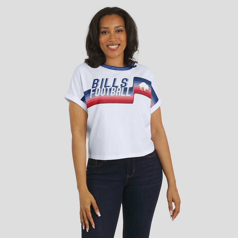 Buffalo Bills WEAR by Erin Andrews Women's Cropped Center Stripe Dolman T-Shirt White | NFL