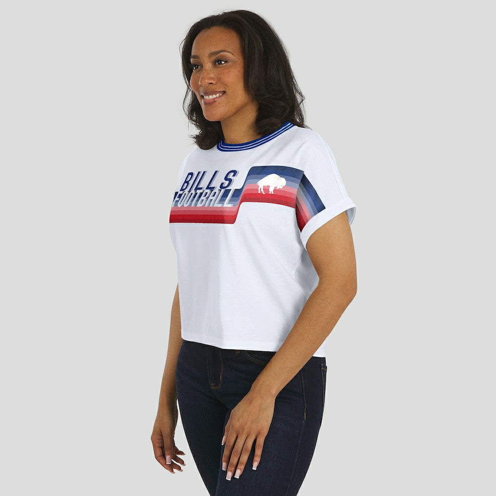 Buffalo Bills WEAR by Erin Andrews Women's Cropped Center Stripe Dolman T-Shirt White | NFL