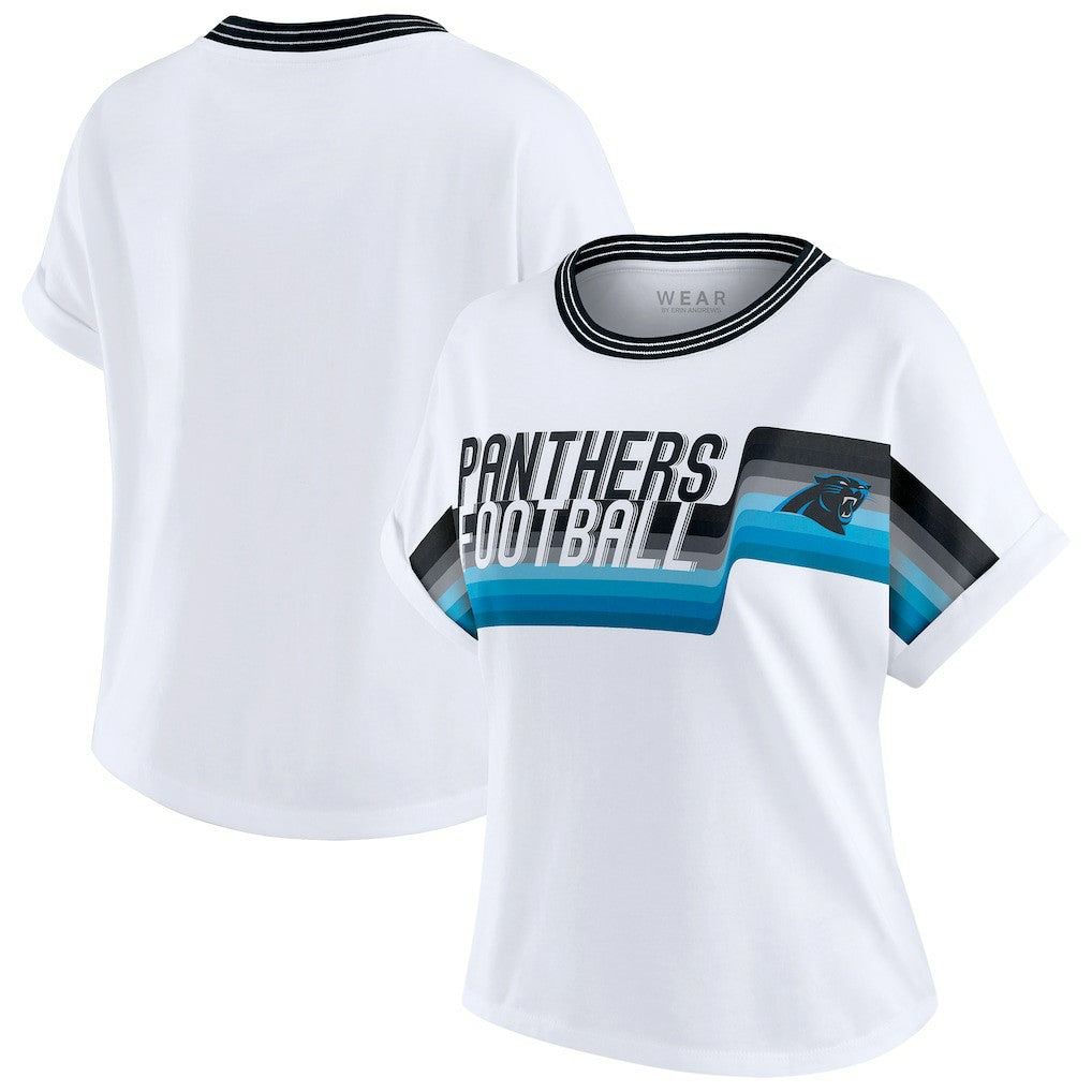 Carolina Panthers WEAR by Erin Andrews Women's Cropped Center Stripe Dolman T-Shirt White | NFL