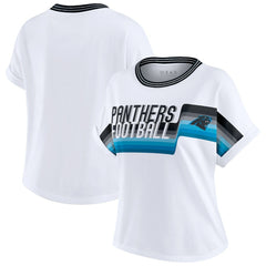Carolina Panthers WEAR by Erin Andrews Women's Cropped Center Stripe Dolman T-Shirt White | NFL