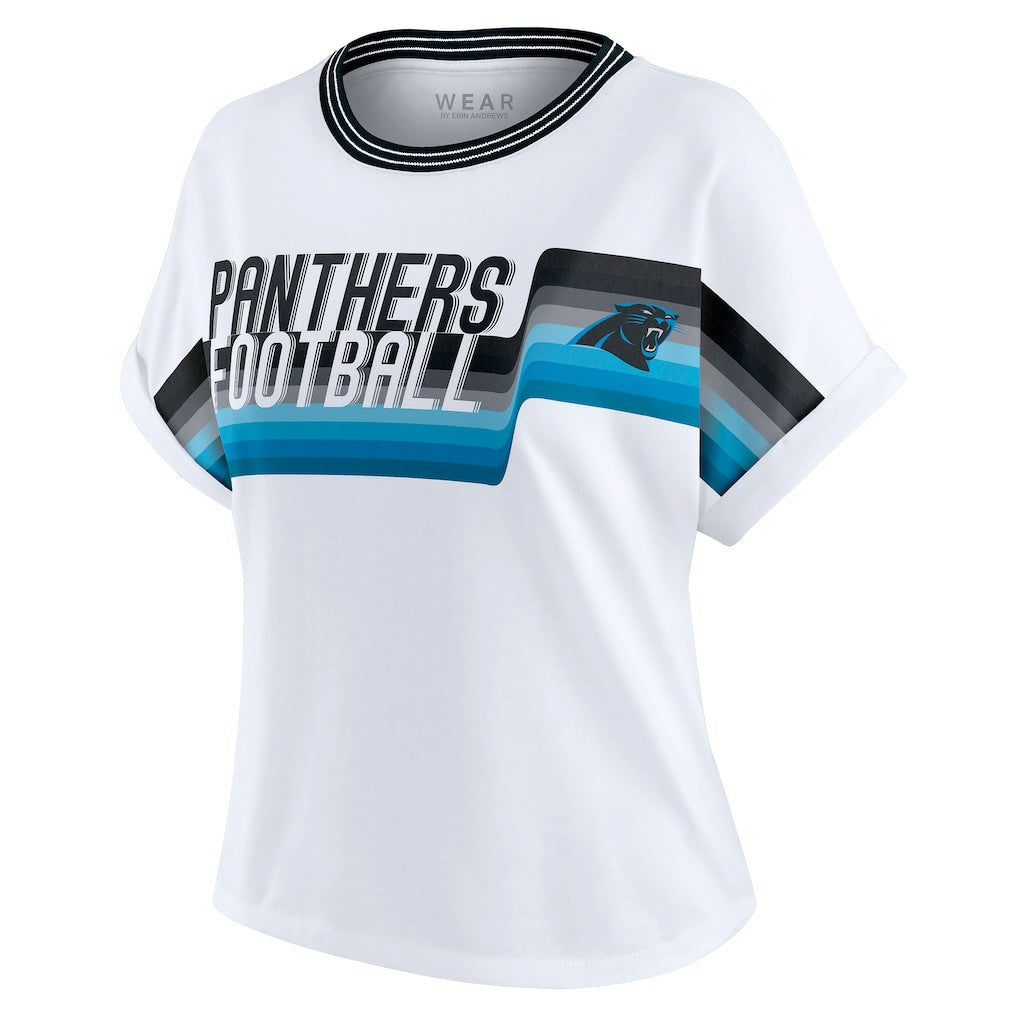 Carolina Panthers WEAR by Erin Andrews Women's Cropped Center Stripe Dolman T-Shirt White | NFL