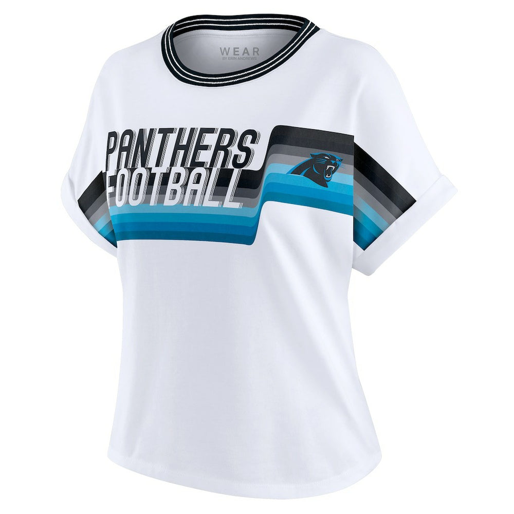 Carolina Panthers WEAR by Erin Andrews Women's Cropped Center Stripe Dolman T-Shirt White | NFL