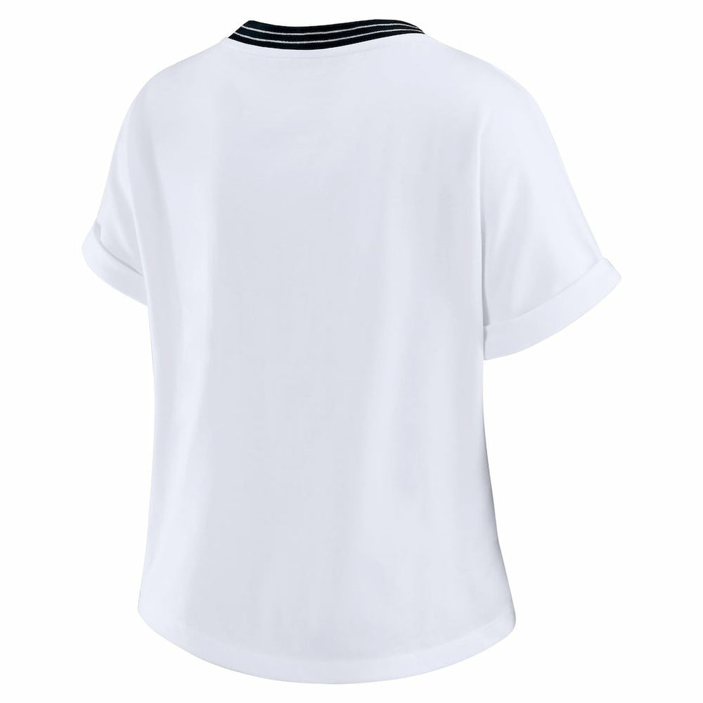 Carolina Panthers WEAR by Erin Andrews Women's Cropped Center Stripe Dolman T-Shirt White | NFL
