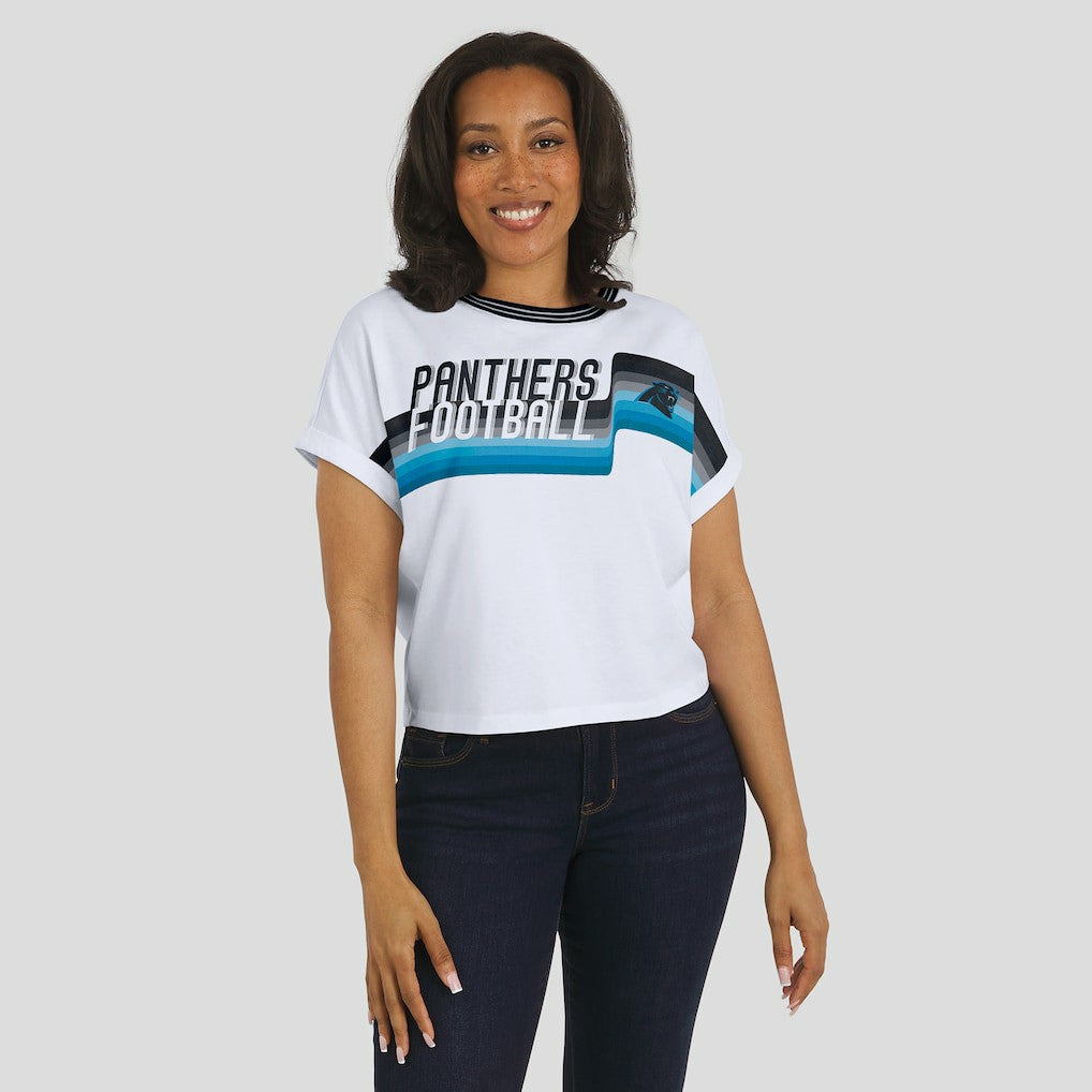 Carolina Panthers WEAR by Erin Andrews Women's Cropped Center Stripe Dolman T-Shirt White | NFL