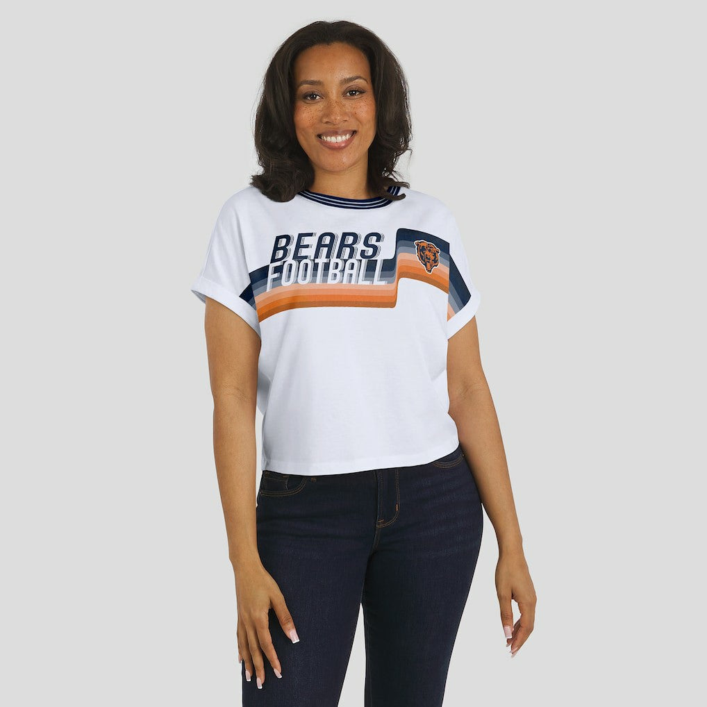 Chicago Bears WEAR by Erin Andrews Women's Cropped Center Stripe Dolman T-Shirt White | NFL