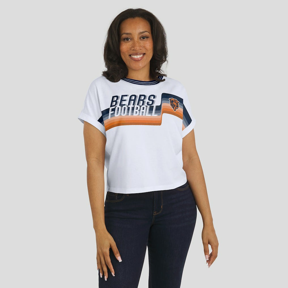 Chicago Bears WEAR by Erin Andrews Women's Cropped Center Stripe Dolman T-Shirt White | NFL