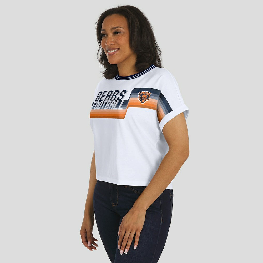Chicago Bears WEAR by Erin Andrews Women's Cropped Center Stripe Dolman T-Shirt White | NFL
