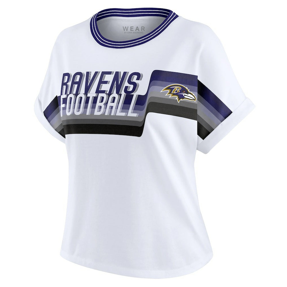 Baltimore Ravens WEAR by Erin Andrews Women's Cropped Center Stripe Dolman T-Shirt White | NFL