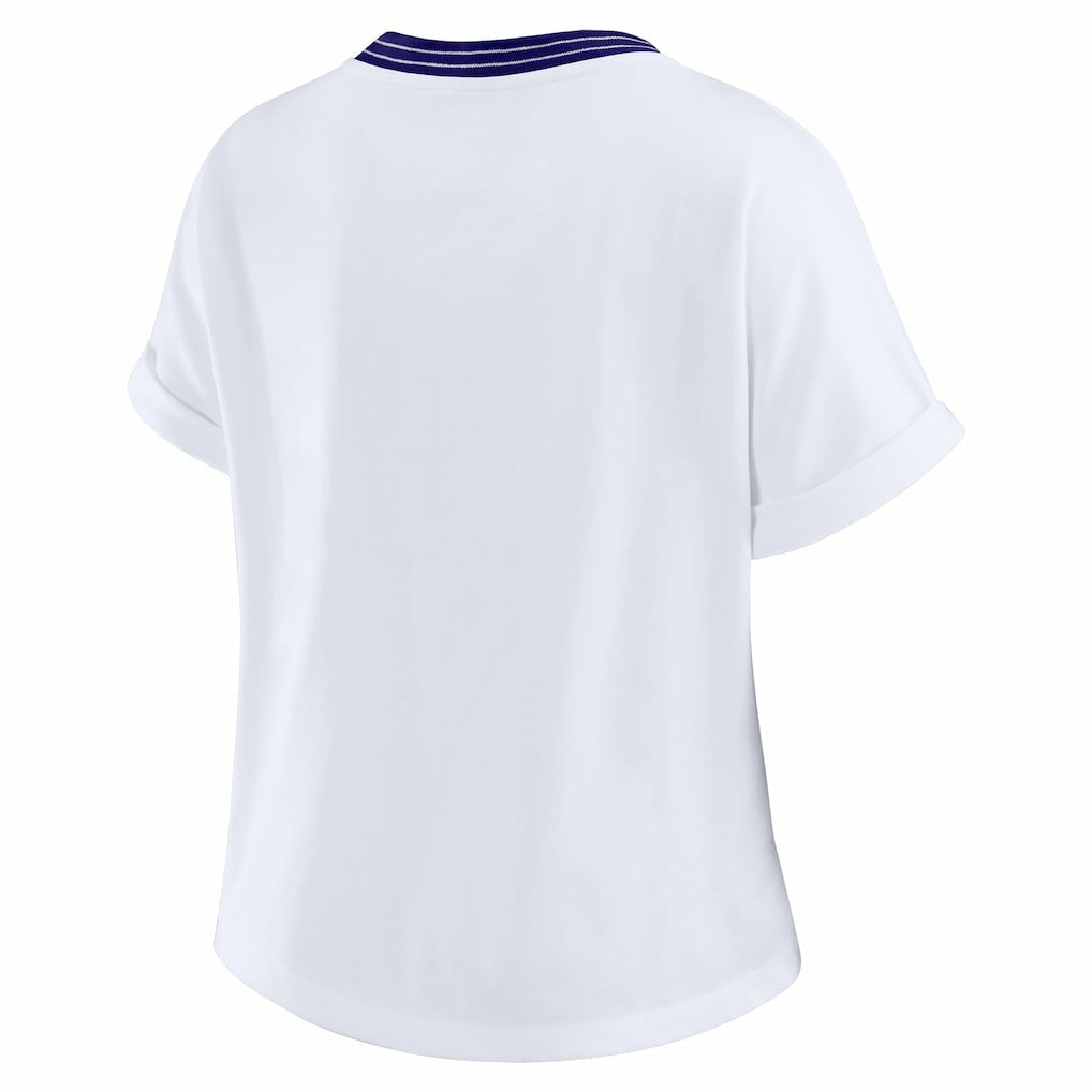 Baltimore Ravens WEAR by Erin Andrews Women's Cropped Center Stripe Dolman T-Shirt White | NFL