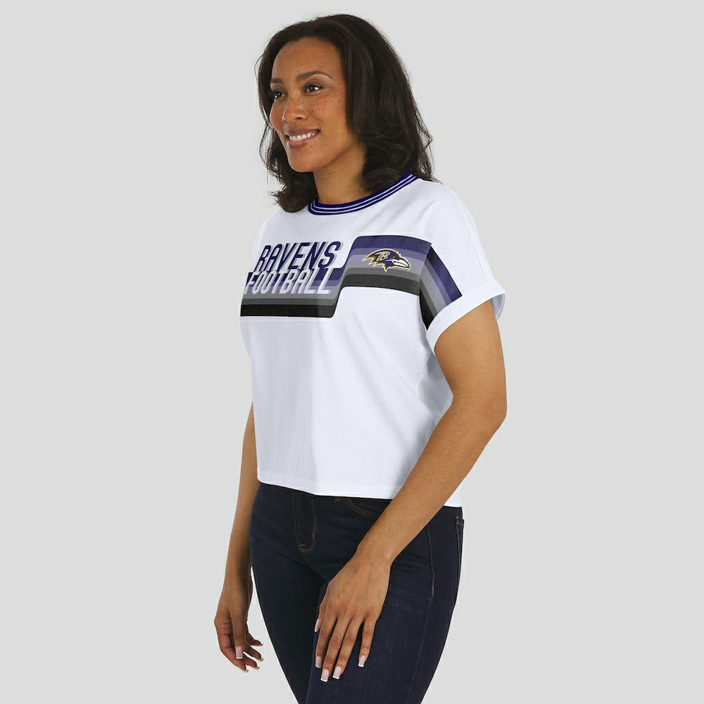 Baltimore Ravens WEAR by Erin Andrews Women's Cropped Center Stripe Dolman T-Shirt White | NFL