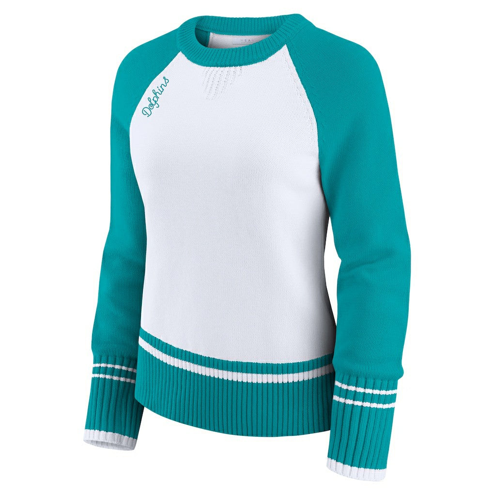 Miami Dolphins WEAR by Erin Andrews Women's Colorblock Raglan Sweater White/Aqua | NFL