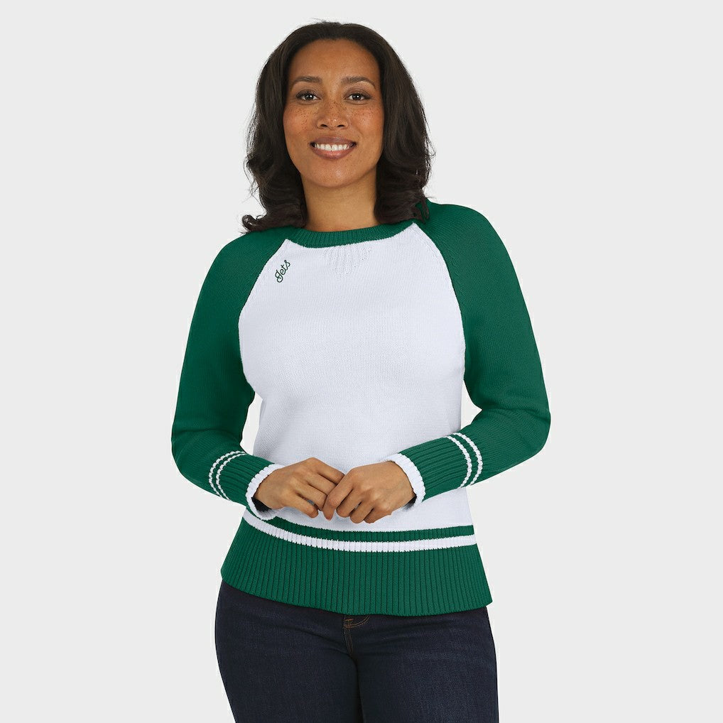 New York Jets WEAR by Erin Andrews Women's Colorblock Raglan Sweater White/Green | NFL