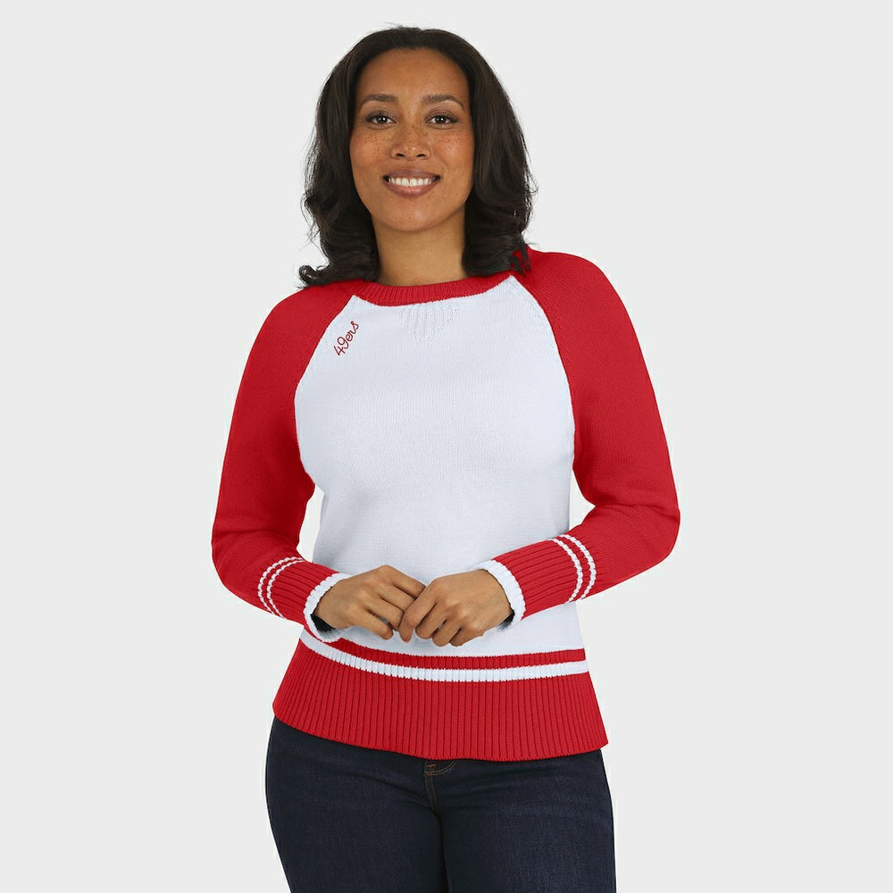 San Francisco 49ers WEAR by Erin Andrews Women's Colorblock Raglan Sweater White/Scarlet | NFL
