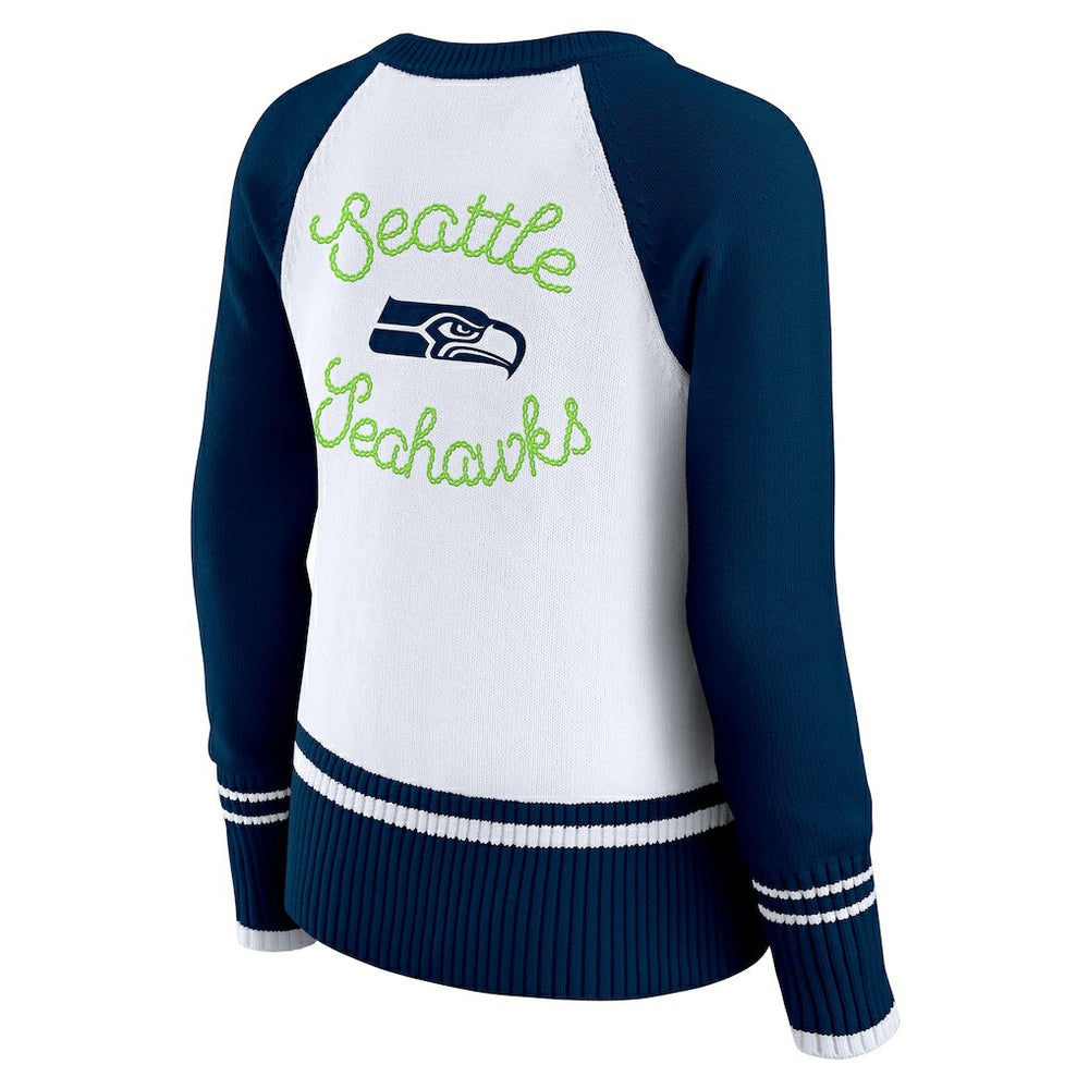 Seattle Seahawks WEAR by Erin Andrews Women's Colorblock Raglan Sweater White/College Navy | NFL