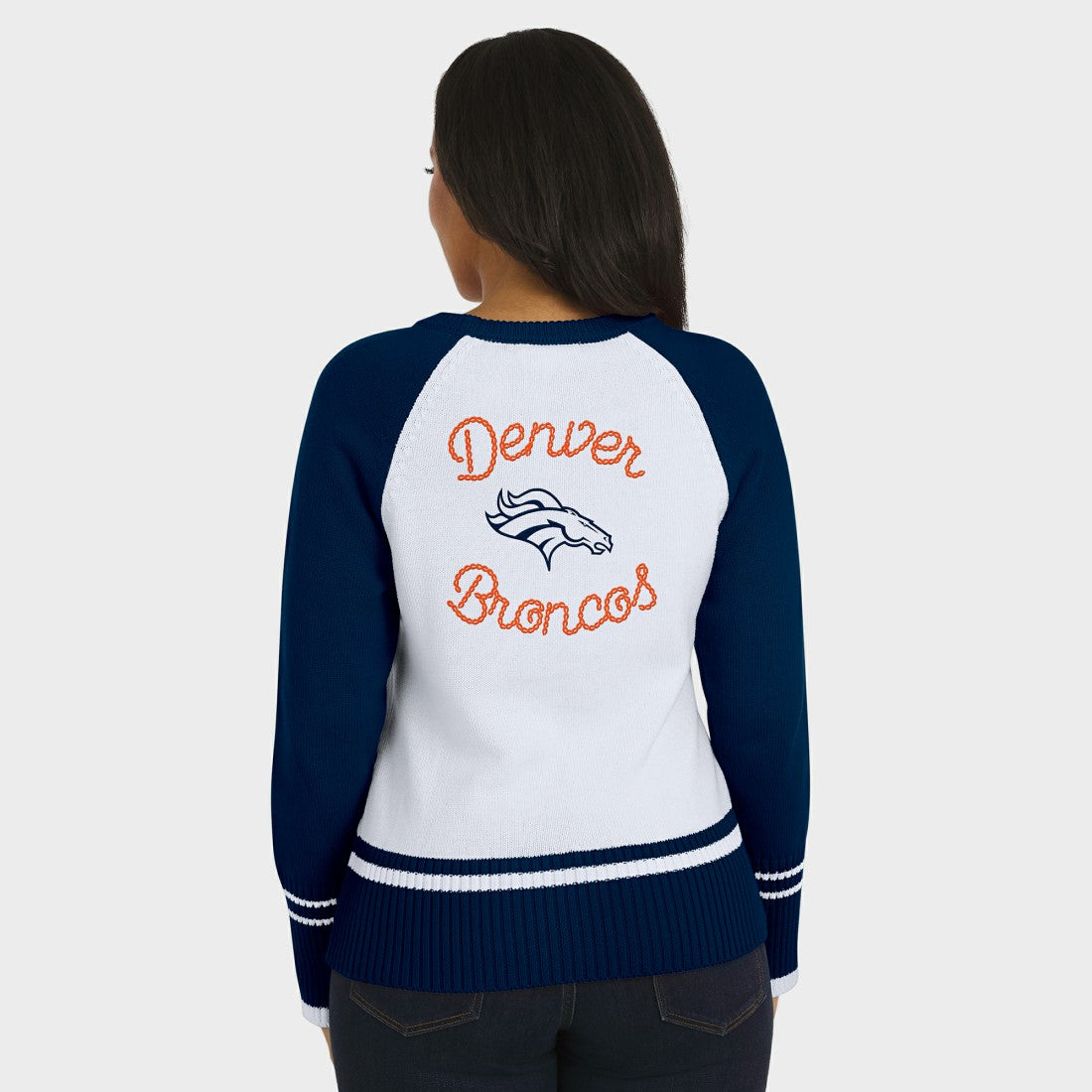Denver Broncos WEAR by Erin Andrews Women's Colorblock Raglan Sweater White/Navy | NFL