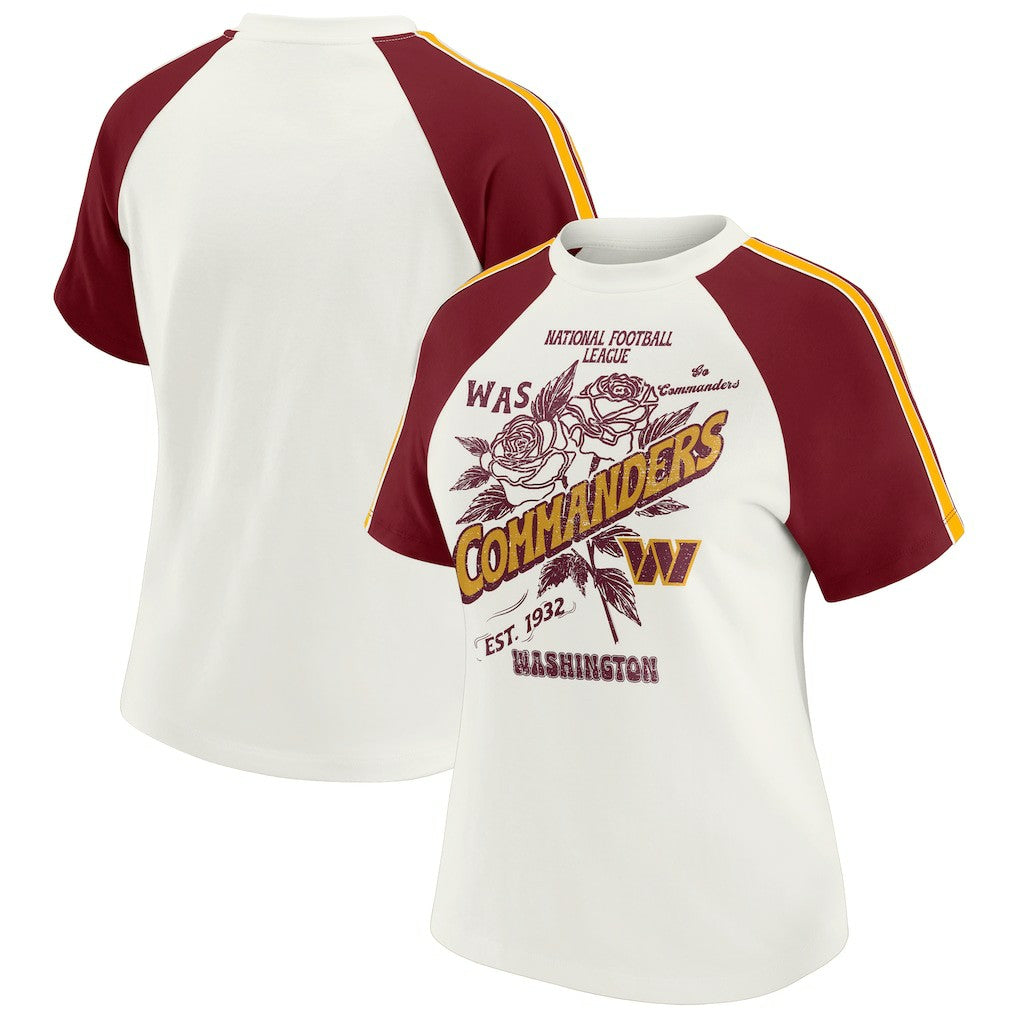 Washington Commanders WEAR by Erin Andrews Women's Sleeve Stripe Distressed Raglan T-Shirt White | NFL