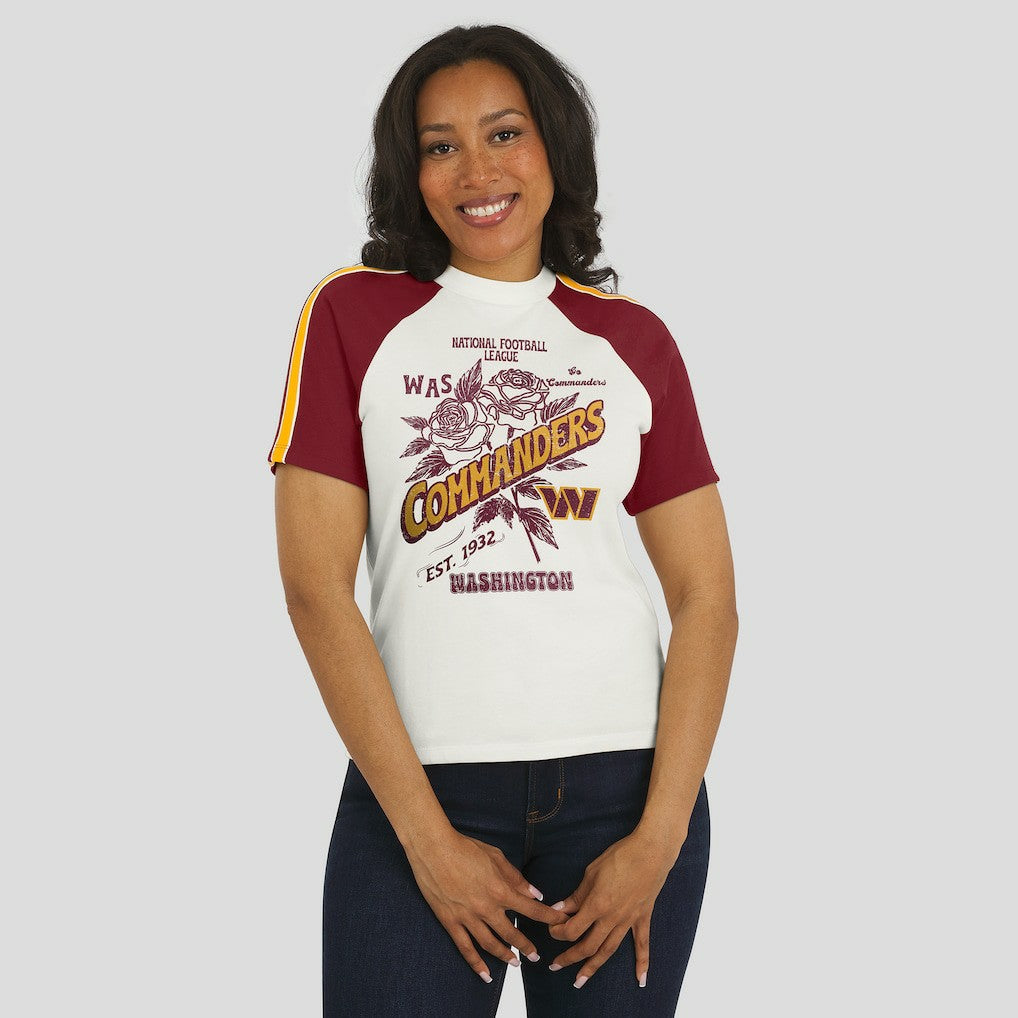 Washington Commanders WEAR by Erin Andrews Women's Sleeve Stripe Distressed Raglan T-Shirt White | NFL
