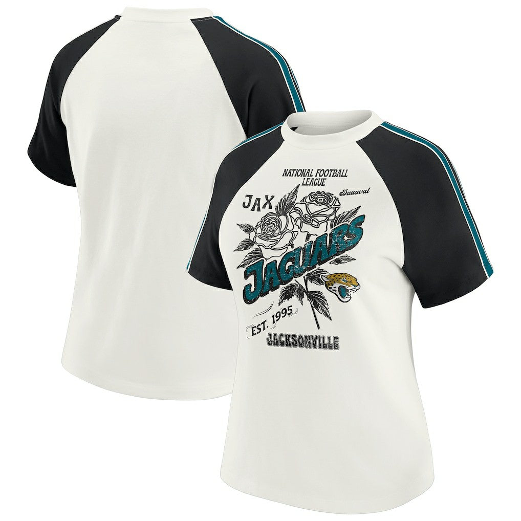 Jacksonville Jaguars WEAR by Erin Andrews Women's Sleeve Stripe Distressed Raglan T-Shirt White | NFL