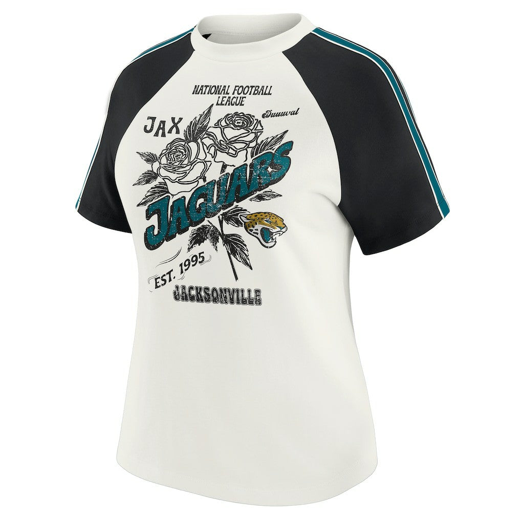 Jacksonville Jaguars WEAR by Erin Andrews Women's Sleeve Stripe Distressed Raglan T-Shirt White | NFL