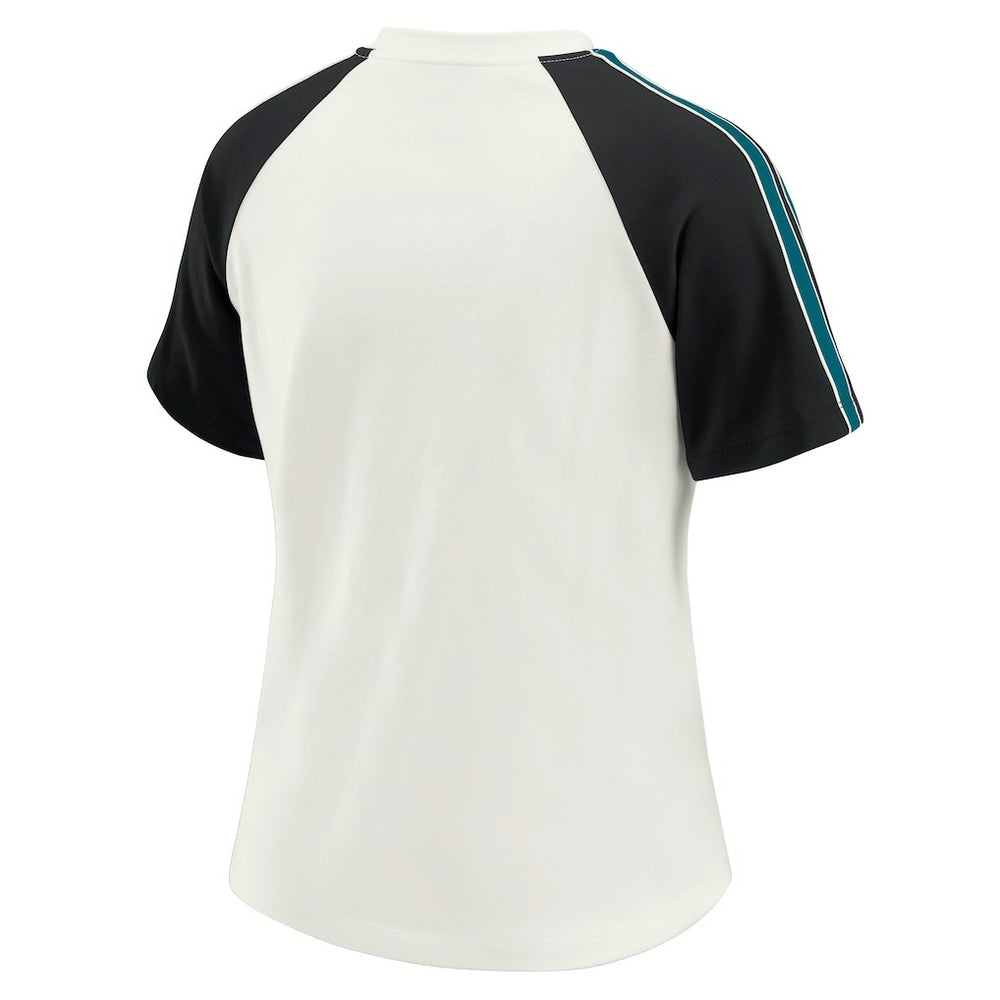 Jacksonville Jaguars WEAR by Erin Andrews Women's Sleeve Stripe Distressed Raglan T-Shirt White | NFL