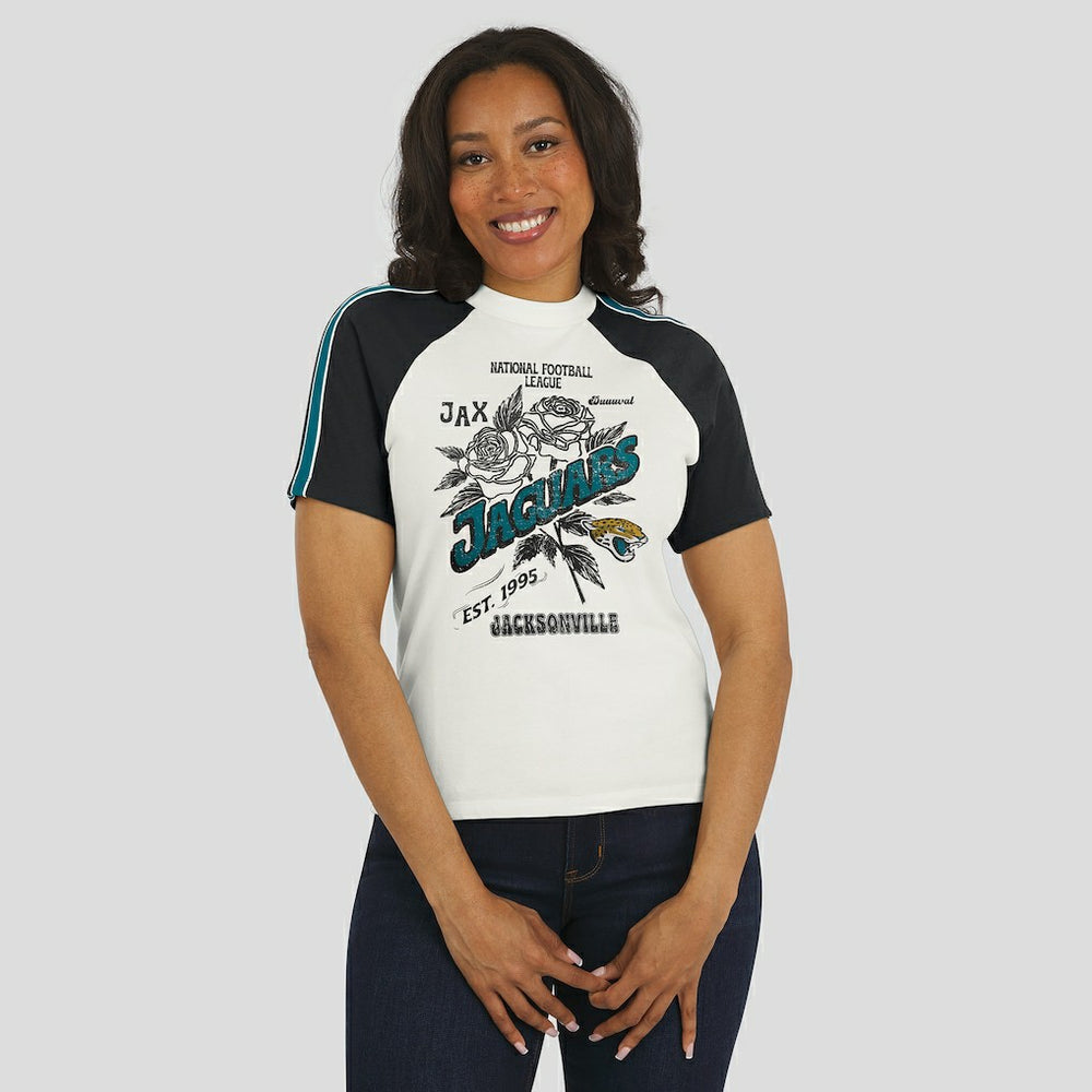 Jacksonville Jaguars WEAR by Erin Andrews Women's Sleeve Stripe Distressed Raglan T-Shirt White | NFL