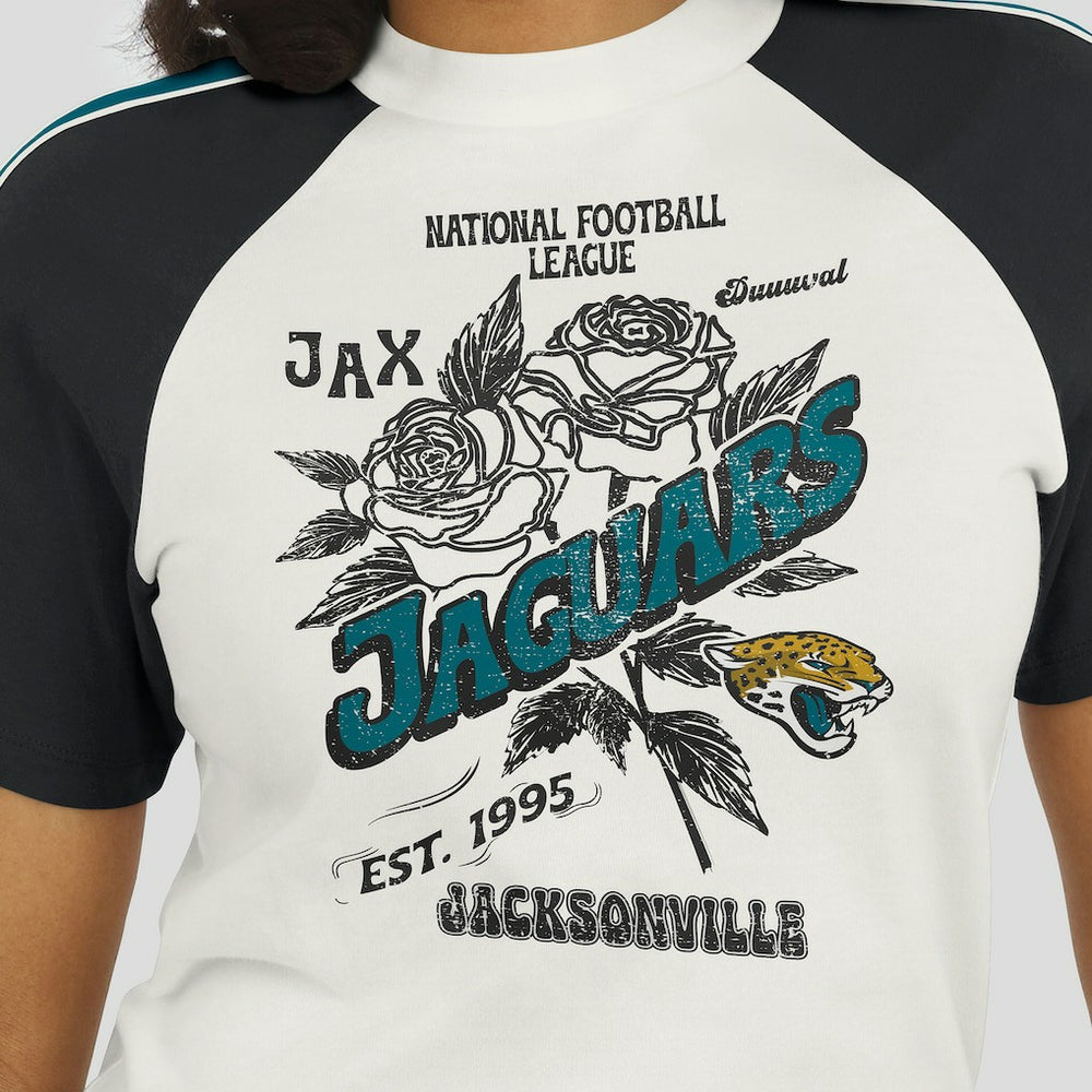 Jacksonville Jaguars WEAR by Erin Andrews Women's Sleeve Stripe Distressed Raglan T-Shirt White | NFL